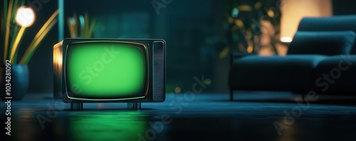 Retro television with green screen in modern living room setting, dimly lit atmosphere. photo