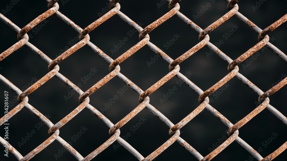 Fototapeta premium Rusty Chain-Link Fence Macro View with Symmetrical Diamond Pattern Against Dark Background - Gritty Industrial Aesthetic for Abstract Art and Conceptual Design