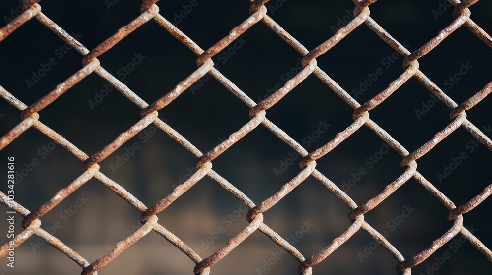 Fototapeta premium Rustic Charm Detailed Closeup of Rusty Chain-Link Fence in Natural Setting, Symmetrical Wire Mesh Pattern, Melancholic Industrial Aesthetic