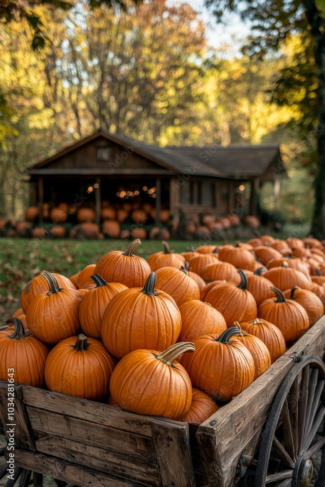 Rustic Autumn Harvest Overflowing Pumpkins in Wooden Wagon, Cozy Cabin Background - Seasonal Farm Concept Rustic Autumn Harvest Overflowing Pumpkins in Wooden Wagon, Cozy Cabin Background - Seasonal Farm Concept