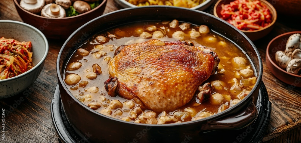 Golden Brown Delicacy Close-Up of Savory Chicken and Mushrooms in Rustic Pot on Wooden Table, Festive Culinary Scene