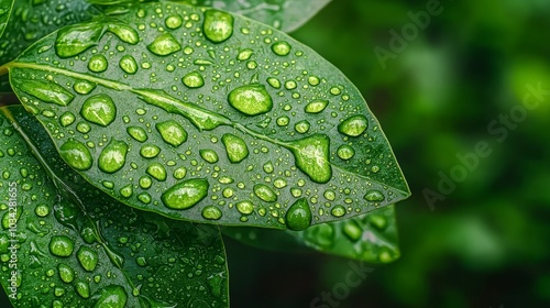 Serenity Green Leaf with Sparkling Water Droplets in Nature - Close-Up Macro Shot of Lush Foliage, Tranquil and Refreshing Concept photo