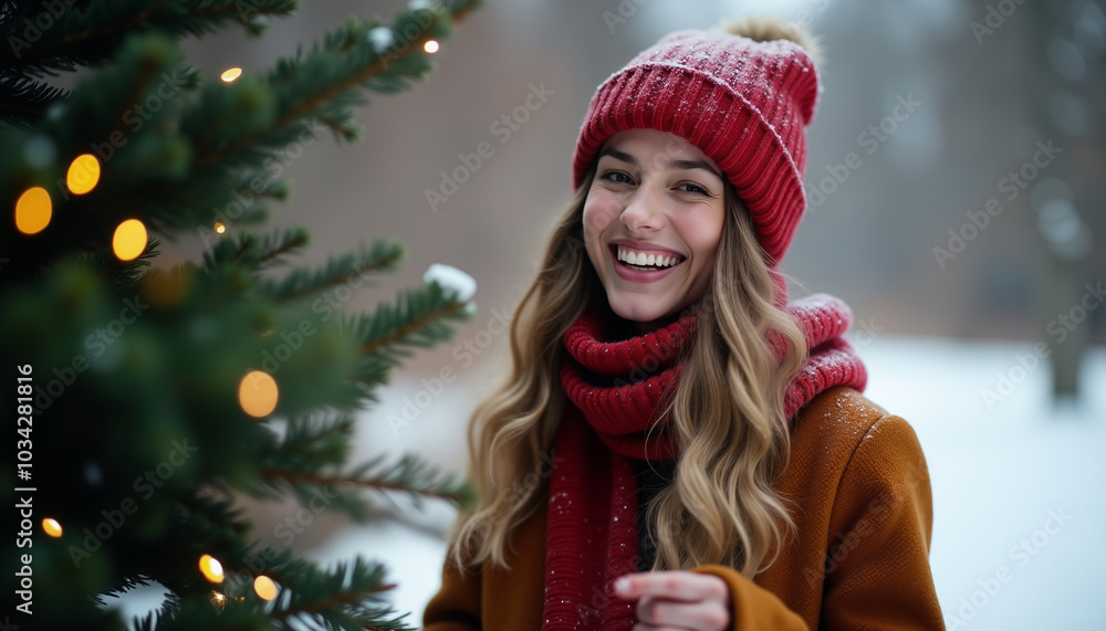 Happy smiling woman in red hat and scarf standing in winter park near Christmas tree Happy smiling woman in red hat and scarf standing in winter park near Christmas tree