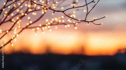 Wallpaper Mural Tree silhouette with tiny warm white lights, sunset background, peaceful holiday scene, minimalist style Torontodigital.ca