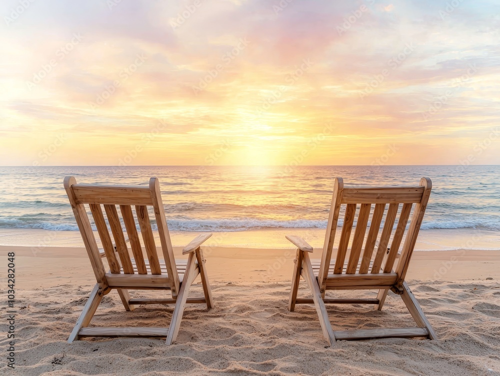 Tranquil Sunset Beach Retreat Symmetrical Wooden Beach Chairs Facing Ocean at Dusk, Romantic Vacation Concept Tranquil Sunset Beach Retreat Symmetrical Wooden Beach Chairs Facing Ocean at Dusk, Romantic Vacation Concept