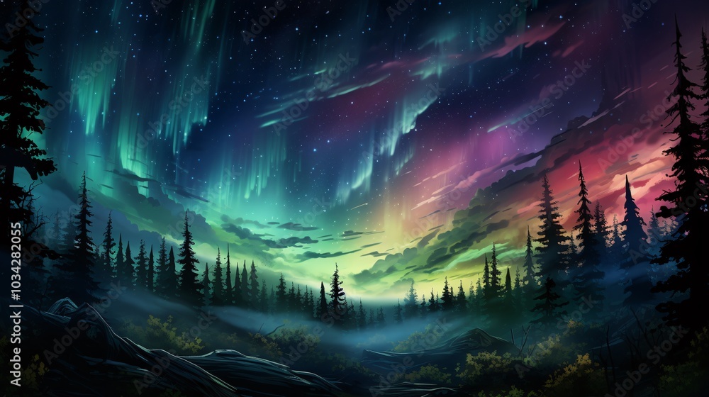 Fototapeta premium A vibrant display of auroras over a forested area