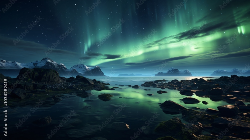 A beautiful view of the northern lights over a coastal area A beautiful view of the northern lights over a coastal area