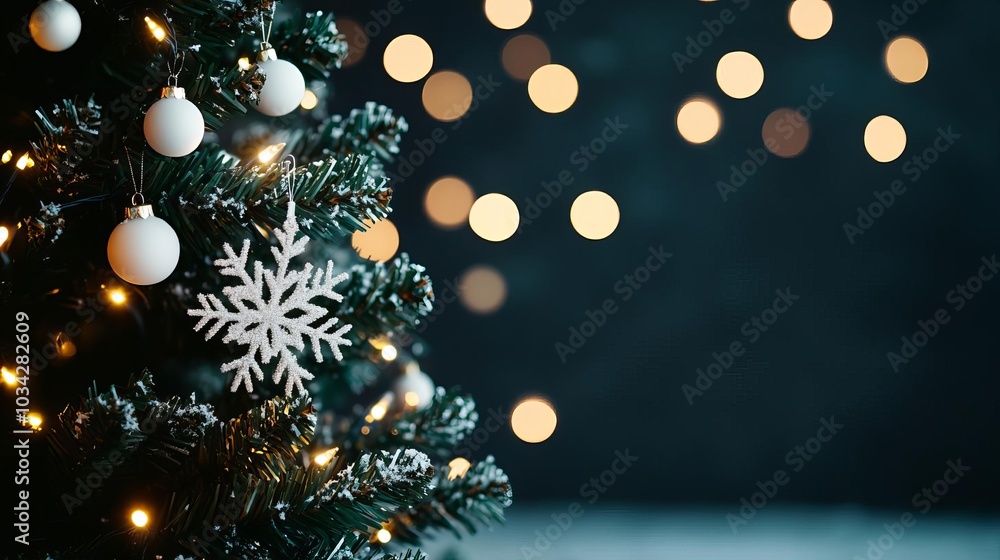 Twinkling lights on Christmas tree with snowflakes, close-up, cool tones, winter sparkle Twinkling lights on Christmas tree with snowflakes, close-up, cool tones, winter sparkle