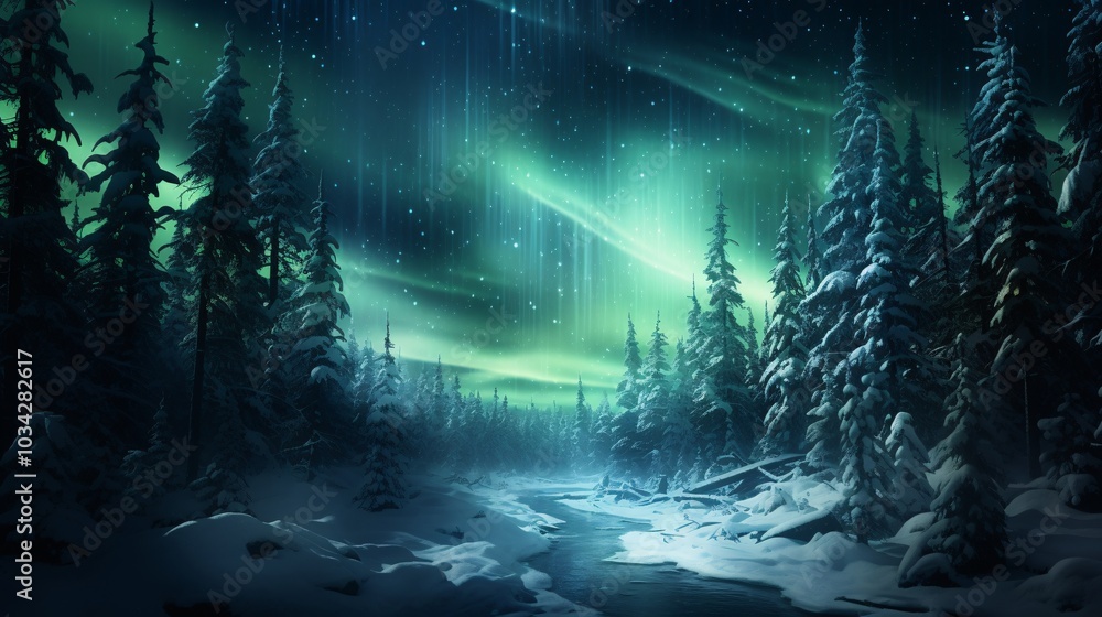 The aurora borealis illuminating a snow-covered forest The aurora borealis illuminating a snow-covered forest