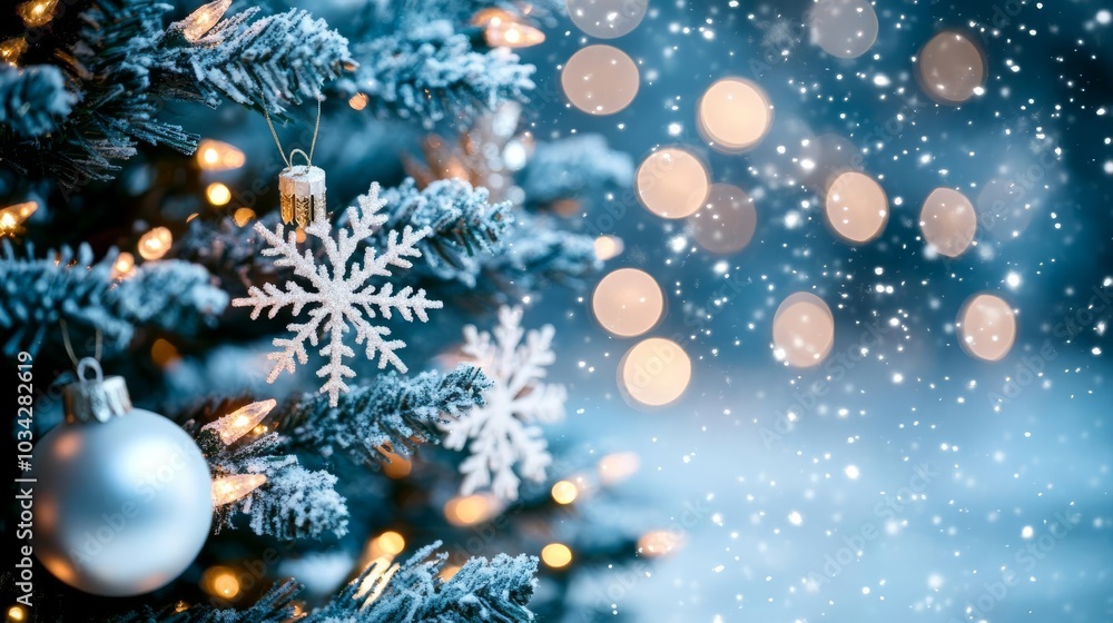 Twinkling lights on Christmas tree with snowflakes, close-up, cool tones, winter sparkle Twinkling lights on Christmas tree with snowflakes, close-up, cool tones, winter sparkle