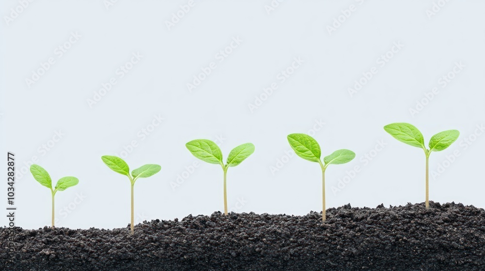 Five Green Seedlings Growing in Rich Soil Five Green Seedlings Growing in Rich Soil