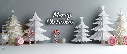 A festive arrangement featuring white Christmas trees and decorations, with a 