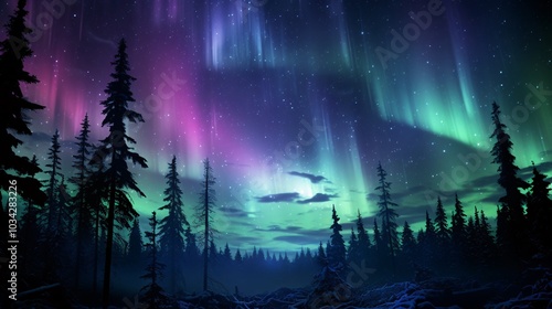 The aurora borealis creating a magical display over a forest clearing