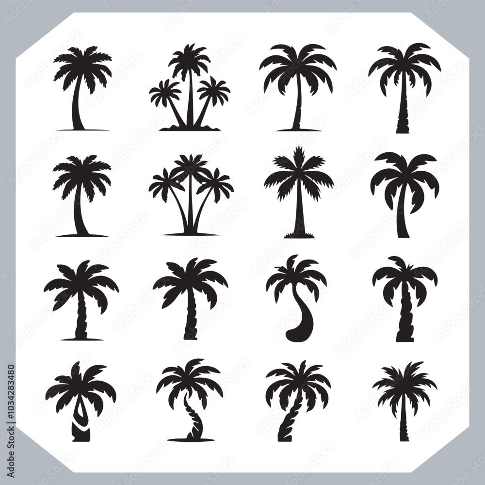 Fototapeta premium Logotype black simple palm tree vector silhouettes, Palm Trees Silhouette, Coconut Tree Silhouette on white background