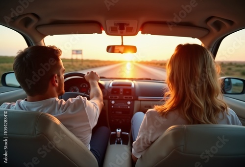  Couple driving contentedly at sunset through car windshield photo