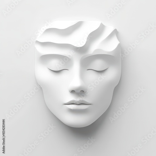 Stylized white mask depicting a serene expression, emphasizing beauty and art. 3d model mobile application icons