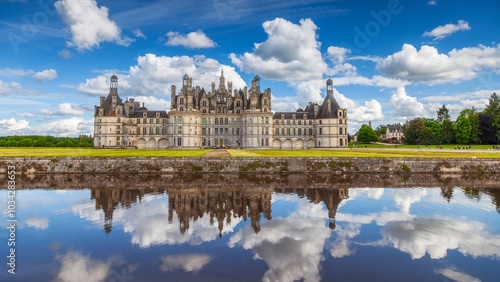 Chateau de Chambord, Unesco medieval french castle and reflection. Loire Valley, France