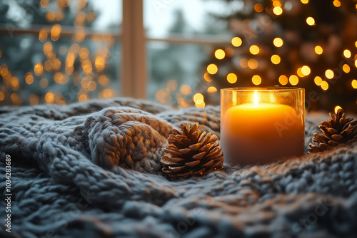 Warm Candle and Pinecones rest on soft Blanket, with festive Bokeh Lights glowing in background. Ideal for winter Decor, holiday Christmas, New Year designs, and cozy home scenes.