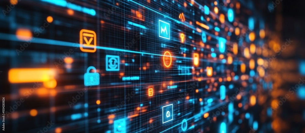 Abstract digital background with glowing lines and icons. Abstract digital background with glowing lines and icons.