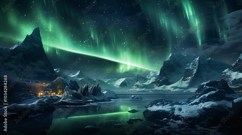 The aurora borealis lighting up the night sky above an icy fjord The aurora borealis lighting up the night sky above an icy fjord