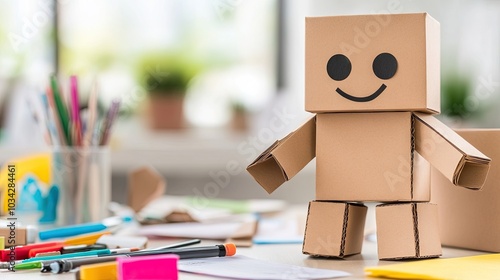 Wallpaper Mural A whimsical cardboard robot with big eyes stands proudly in a bustling art studio surrounded by colorful crafting tools Torontodigital.ca