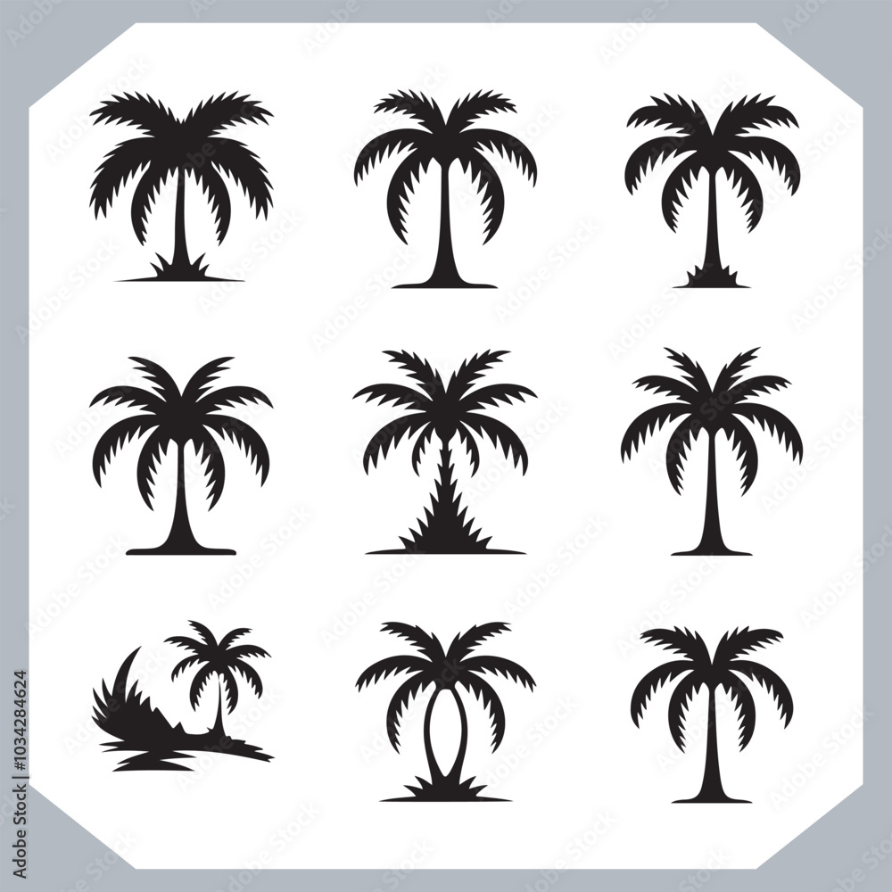 Fototapeta premium Logotype black simple palm tree vector silhouettes, Palm Trees Silhouette, Coconut Tree Silhouette on white background