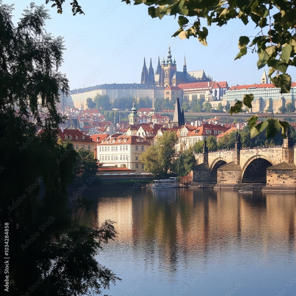 Fototapeta premium Gothic castle overlooks summery Prague by Vltava.