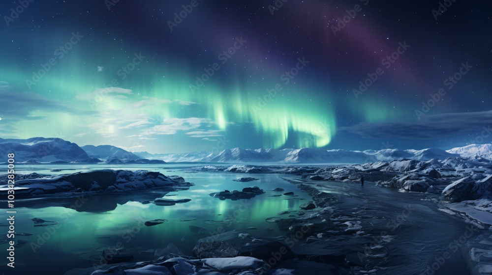 Fototapeta premium A panoramic shot of the aurora borealis over an Arctic tundra