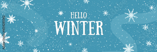 Winter horizontal vector design. Hello,Winter. Greeting text with fir trees and Snowflake for cold season celebration.Holiday Vector illustration.Winter days.Great for banners, wallpapers, cards