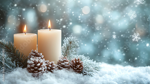 Christmas Candles in White: A Serene Display of Holiday Spirit and Elegance Against a Soft Background, Creating a Warm and Inviting Atmosphere for Festive Celebrations. 