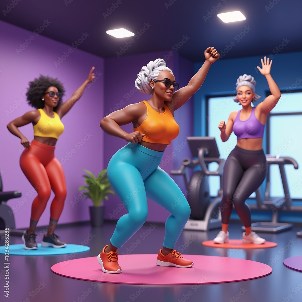 Three senior women in vibrant fitness outfits dancing energetically in a gym. Ideal for active aging, women’s health, and fun exercise concepts.
Three senior women in vibrant fitness outfits dancing energetically in a gym. Ideal for active aging, women’s health, and fun exercise concepts.