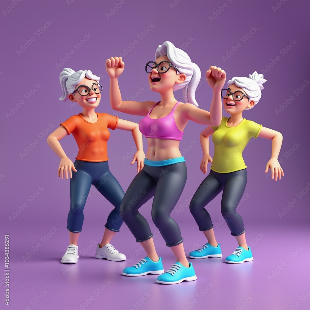 Three senior women exercising enthusiastically in a workout class, wearing colorful outfits and glasses. Great for senior fitness, women’s health, and active lifestyle concepts.
Three senior women exercising enthusiastically in a workout class, wearing colorful outfits and glasses. Great for senior fitness, women’s health, and active lifestyle concepts.
