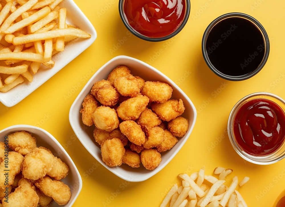 Crispy chicken nuggets, french fries and dipping sauces on yellow background. Crispy chicken nuggets, french fries and dipping sauces on yellow background.