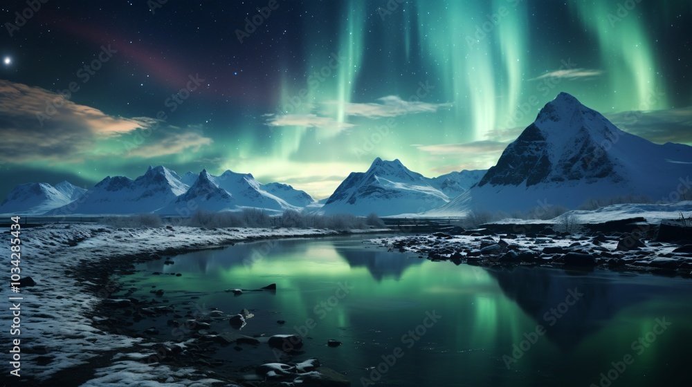 A stunning display of northern lights over a snow-covered valley A stunning display of northern lights over a snow-covered valley