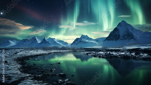 A stunning display of northern lights over a snow-covered valley