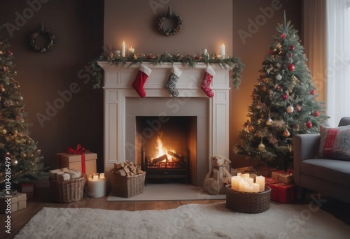 A Christmasdecorated living room with a fireplace and tree