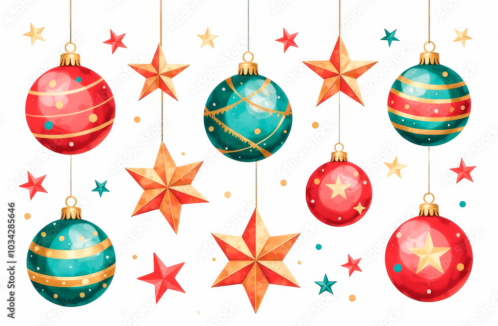 Colorful Christmas tree balls and stars on a white background. Illustration Colorful Christmas tree balls and stars on a white background. Illustration