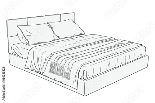 Large double bed with blanket and pillows isolated on white background. Furniture item for home and hotel