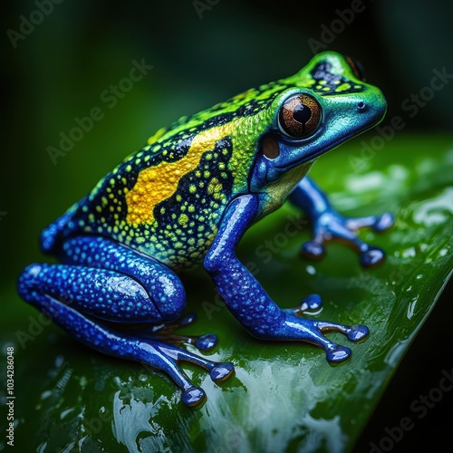 poison dart frog sitting on a leaf in the Amazon rainforest