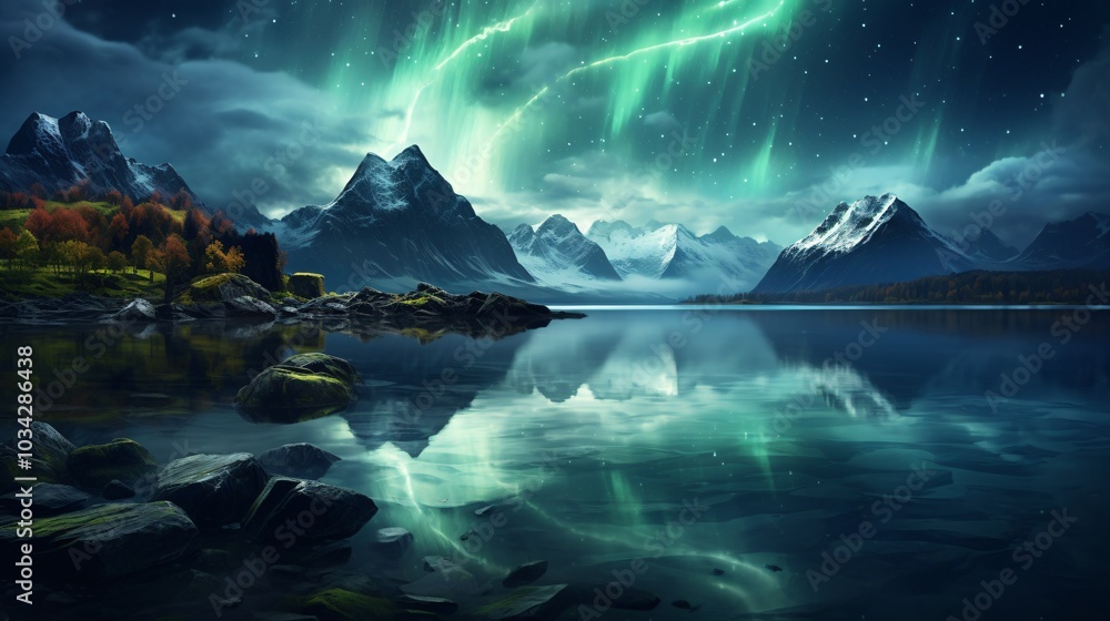 Fototapeta premium A beautiful view of northern lights over a mountain range