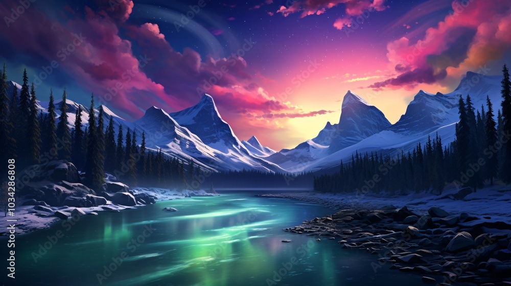 A scenic view of the aurora borealis over a frozen river A scenic view of the aurora borealis over a frozen river