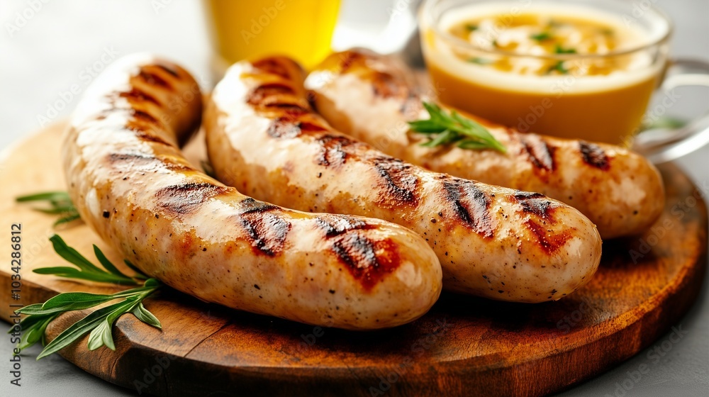 A traditional Bavarian breakfast of white sausages, a freshly baked pretzel, and sweet mustard, presented on a wooden board with a glass of beer. A traditional Bavarian breakfast of white sausages, a freshly baked pretzel, and sweet mustard, presented on a wooden board with a glass of beer.