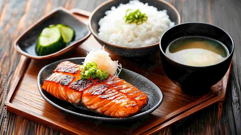 A traditional Japanese breakfast set with grilled fish, rice, miso soup, and pickles, neatly arranged on a wooden tray A traditional Japanese breakfast set with grilled fish, rice, miso soup, and pickles, neatly arranged on a wooden tray
