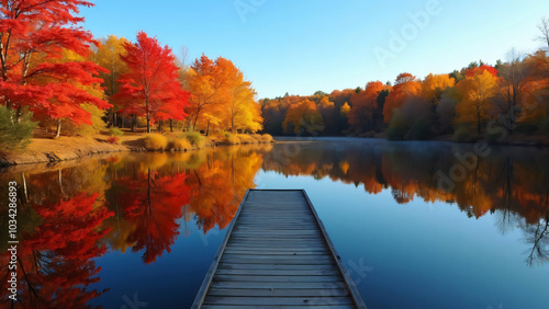 Stunning autumn landscape featuring vibrant red and orange trees reflected in a calm lake, with a wooden dock leading into the serene waters, creating a picturesque scene of nature's beauty in fall