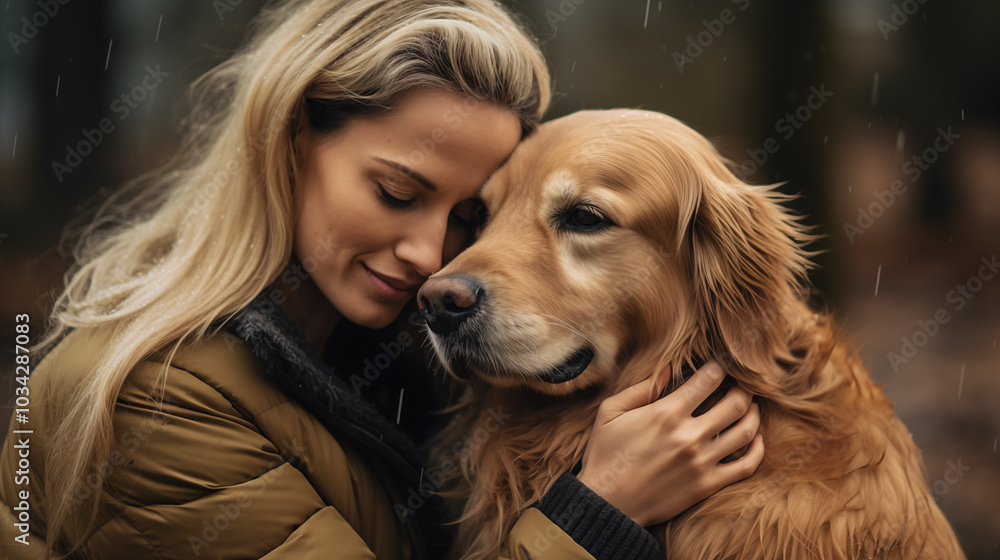 Modern photography of a woman and her Golden Retriever in the rain, emotional and tender bond Modern photography of a woman and her Golden Retriever in the rain, emotional and tender bond