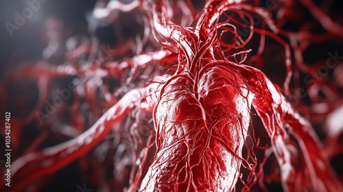 Intricate network of red blood vessels, showcasing the complexity of the vascular system.