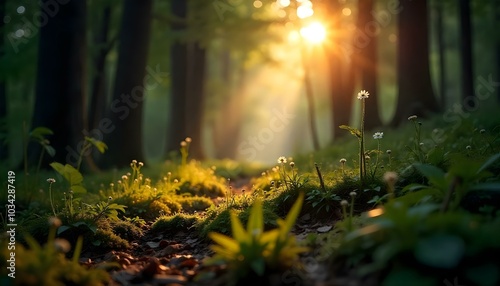 Summer forest into sun lights