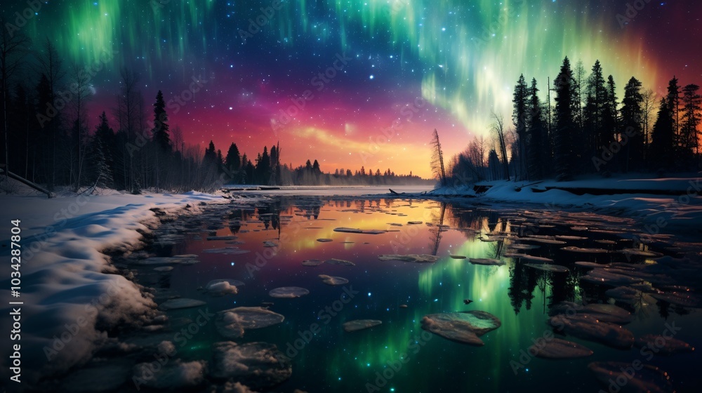 Obraz premium The aurora borealis forming colorful arcs above a frozen lake