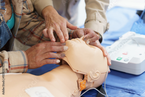 Bild auf Leinwand Latina woman learning the CPR technique on a mannequin during a first aid course