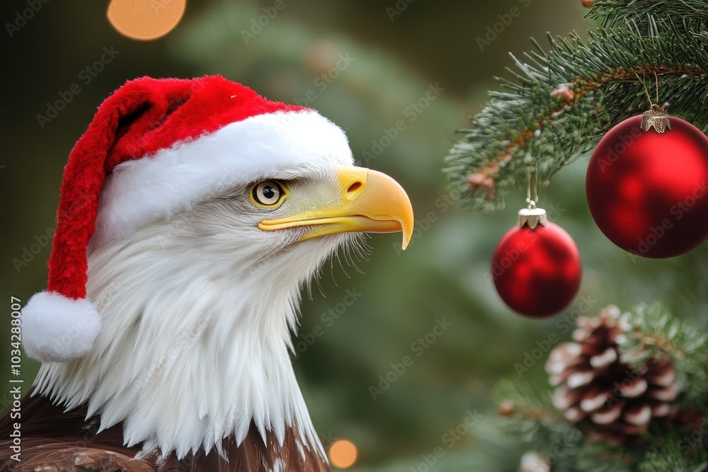 Eagle in a Santa hat by a tree Eagle in a Santa hat by a tree